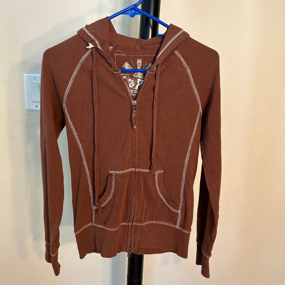Fitted Stretchy Cotton Brown Hoodie Jacket